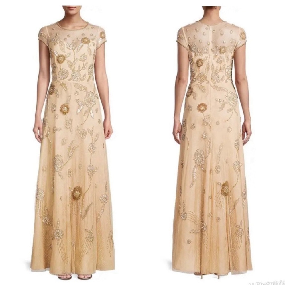 AIDAN MATTOX Floral Bead-Embroidered Gown